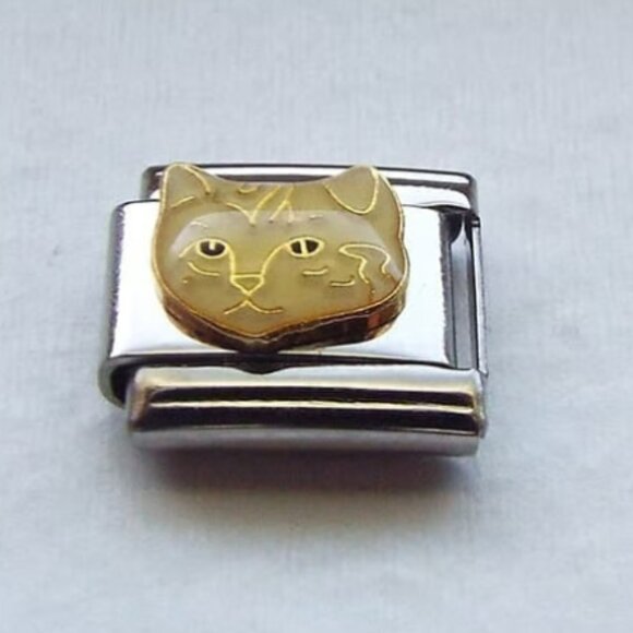 Off white enamel cat face 9mm stainless steel Italian charm bracelet link new - Picture 1 of 2